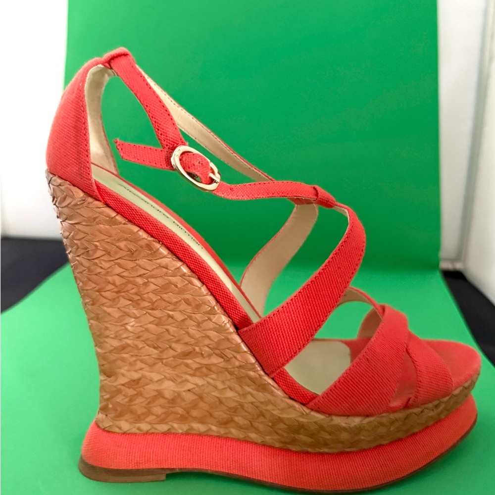 Alexandre Birman Tall 5.5” Wedge/ Platform Sandales Orange Canvas/Leather 9.5